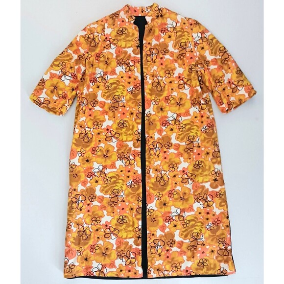 Vtg Hawaiian Barkcloth Handmade Midi Coat Gold Coral Floral Elbow  Sleeve Sz M - Picture 13 of 16
